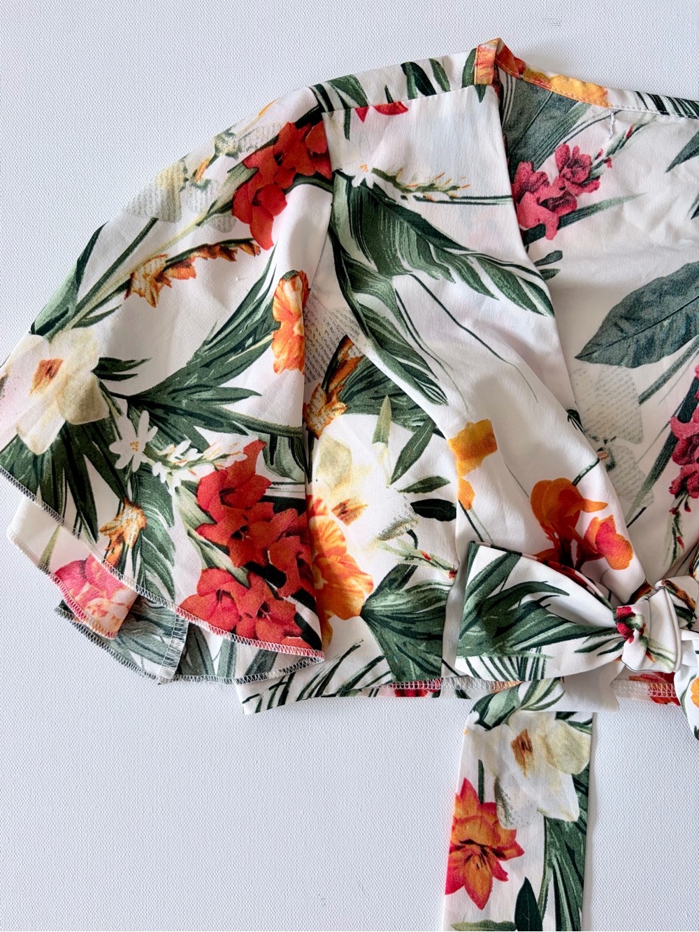 Tie-Front Floral Crop Top - White with Green & Orange Floral